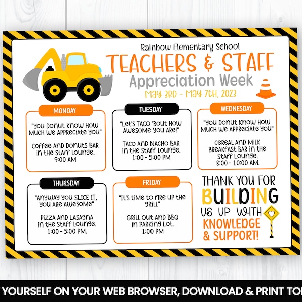 EDITABLE Construction Teacher & Staff Appreciation Flyer, Building Itinerary Week, Traffic cones Self Editing Invitation