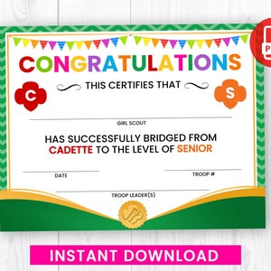 Certificado de transición de Girl Scouts, Ceremonia de Cadette a Senior PDF Descarga instantánea