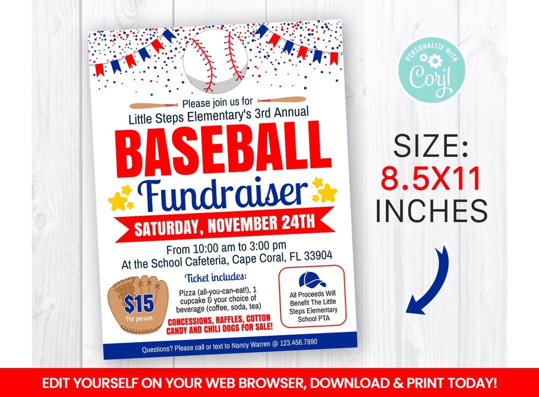 EDITABLE Baseball Fundraiser Flyer Template, Charity Non Profit Event EDITABLE Baseball Fundraiser Flyer Template, Charity Non Profit Event