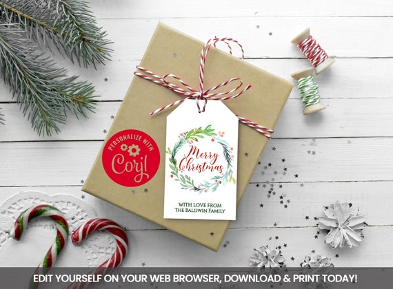 Editable Merry Christmas Gift Tags, Watercolor Floral Wreath Self Editing Favors Tag, Greenery, Customizable INSTANT ACCESS Il_570xn