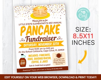 EDITABLE Pancake Fundraiser Flyer Template, Charity Non Profit Event Poster, Breakfast or Dinner Self Editing 8.5x11 In INSTANT ACCESS