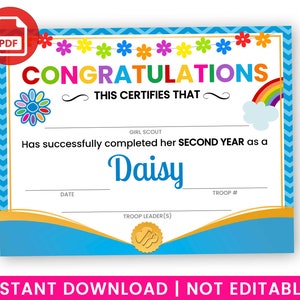 Second Year as a DAISY Completion Certificate, Daisies Investiture Certificate, Girl Scouts PDF Instant Download