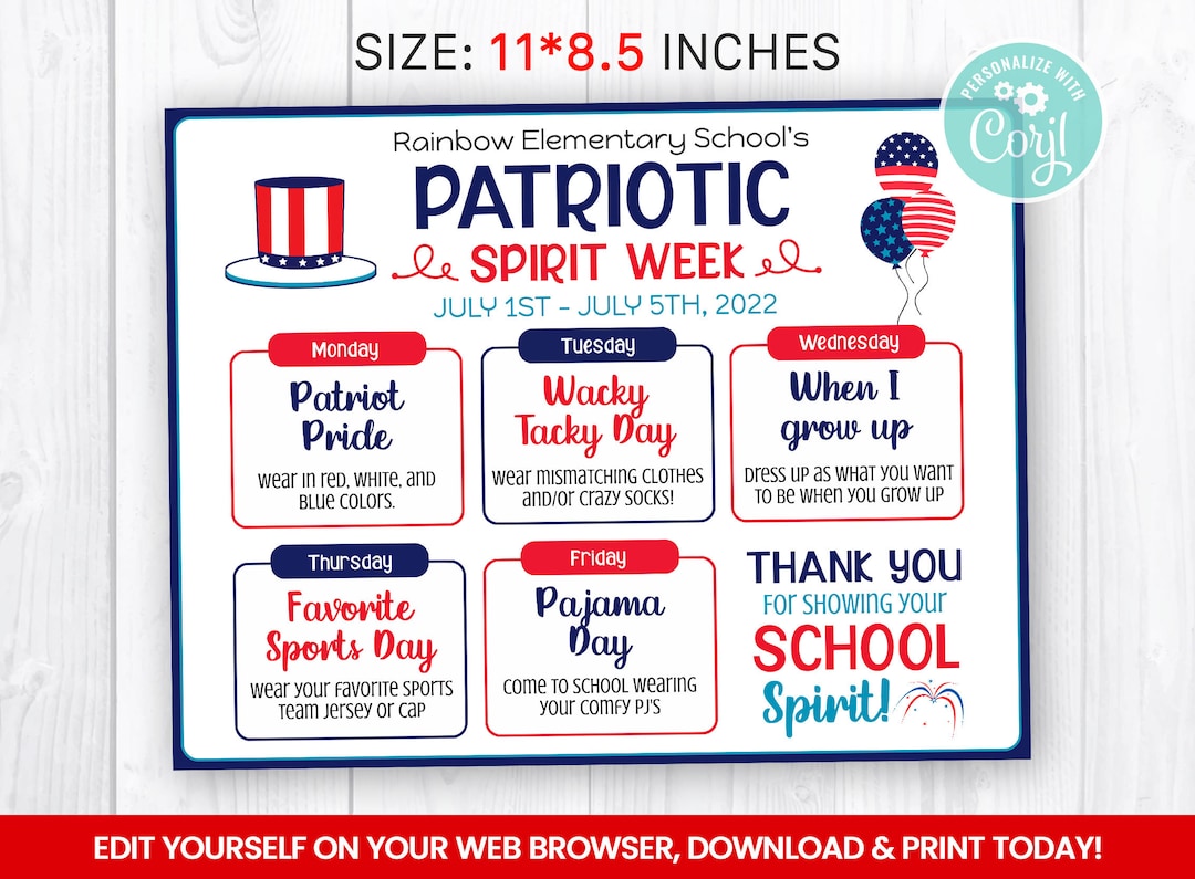 EDITABLE Patriotic Spirit Week Flyer, 4th of July Itinerary Self