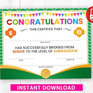 Certificado de transición de Girl Scouts, ceremonia de senior a embajadora PDF Descarga instantánea