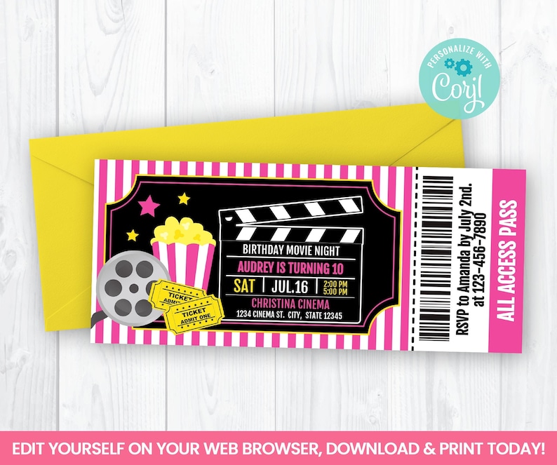 Editable Movie Night Ticket Invitation, Cinema Girl Self Editing Invite, INSTANT ACCESS image 1