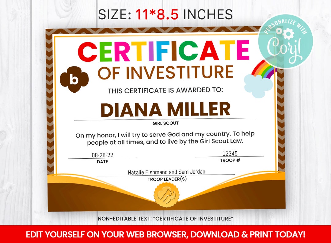 Editable Certificate of Investiture Template Brownie Ceremony - Etsy