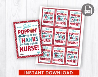 Nurse Appreciation Popcorn Gift Tag, National Nurses Week Treat tags, Healthcare professionals thank you card, PDF Instant Download
