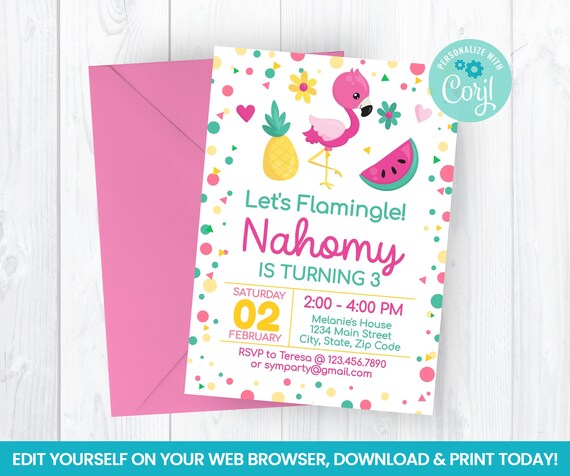 Editable Flamingo Party Invitation, Summer Self Editing Invite, INSTANT ACCESS Il_570xn