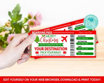 EDITABLE Airplane Surprise Ticket, Boarding Pass, Flight, Plane Merry Christmas Self Editing Airline Voucher, Digital File INSTANT ACCESS