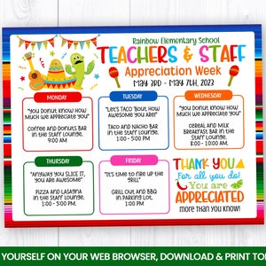 Flyer MODIFIABLE pour la semaine d'appréciation des enseignants et du personnel, invitation auto-éditable pour la semaine de l'itinéraire, fiesta mexicaine, nachos, tacos, sérape, agenda de maracas