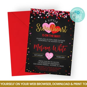 Editable A Little Sweetheart Invitation, Valentine Baby Shower Self Editing Invite, Hearts Confetti Chalkboard Faux INSTANT ACCESS