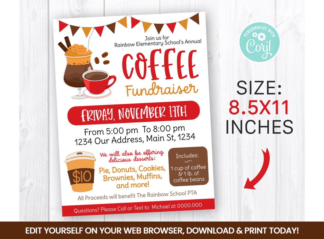 EDITABLE Coffee Fundraiser Flyer Template, Charity Non Profit Event