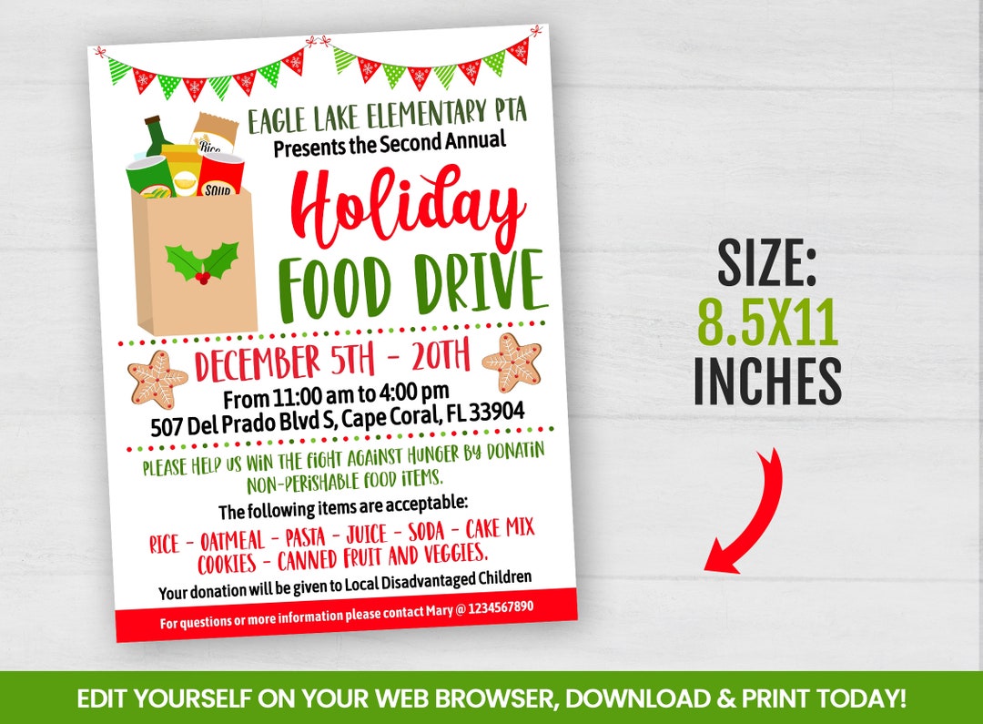 EDITABLE Holiday Food Drive Flyer Template, Charity Non Profit Event Flyer, Self Editing 8.5x11
