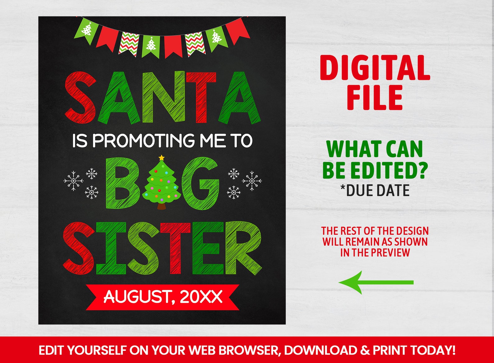 Editable Big Sister Announcement Sign Dear Santa Self Editing - Etsy