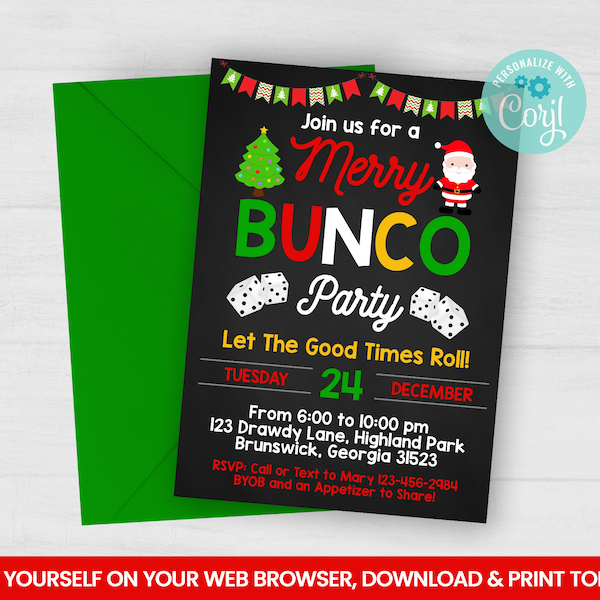 Editable Merry Bunco Party Invitation, Adult Xmas Cocktail Party Self Editing Invite, Chalkboard Faux, INSTANT ACCESS