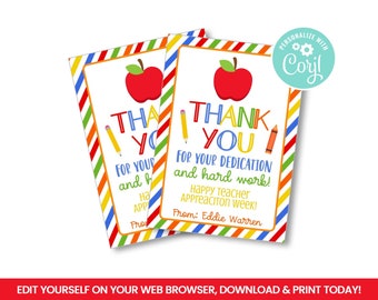EDITABLE Teacher Appreciation Thank You Gift Tag,  Boss Worker Staff Corporate, Dedication Hard Work Self Editing treat tags, INSTANT ACCESS