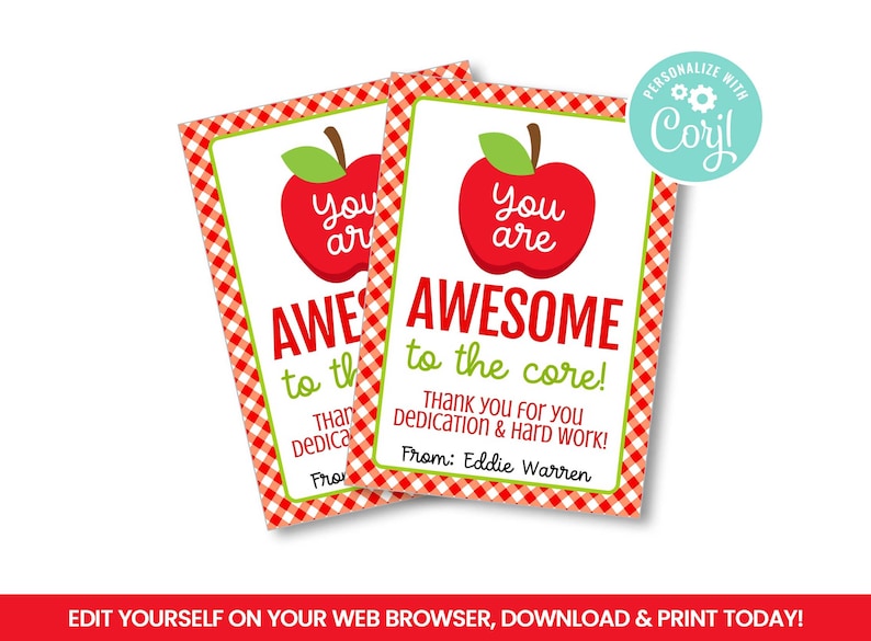 EDITABLE Awesome to the Core Gift Tag, Apple, Juice, Jelly, Teacher, Boss, Worker, Staff Corporate Self Editing treat tags, INSTANT ACCESS image 1