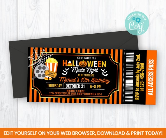 Editable Halloween Movie Night Ticket Invitation Cinema Self | Etsy UK