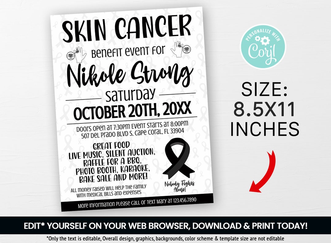 EDITABLE Skin Cancer Fundraiser Event Flyer, Black Ribbon, Cancer