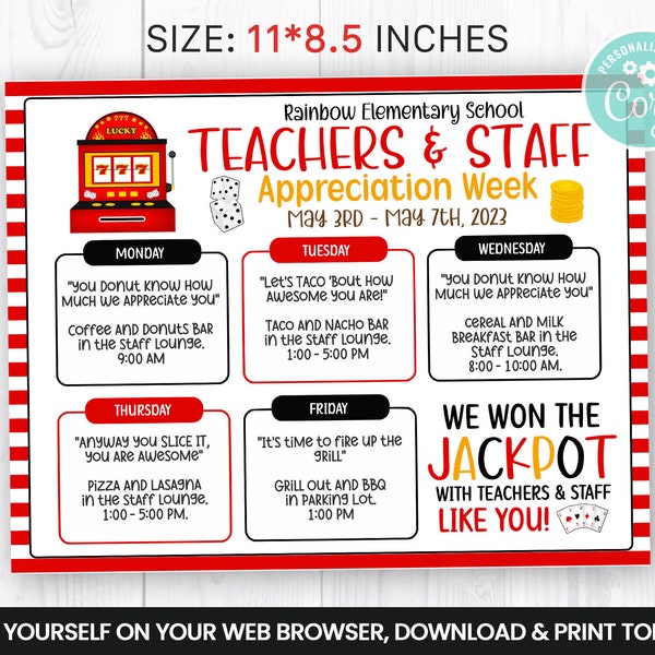 EDITABLE Casino Night Teacher Staff Appreciation Flyer, Jackpot Itinerary Week, Poker Self Editing Invitation, Dices Weekly Planner