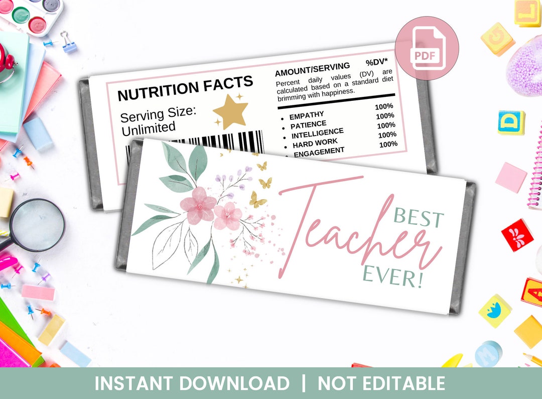 Teacher Appreciation Chocolate Bar Wrappers Printable Candy Wrapper ...