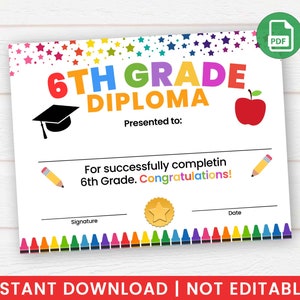 Printable 6th Grade Graduation Diploma End of School - Etsy