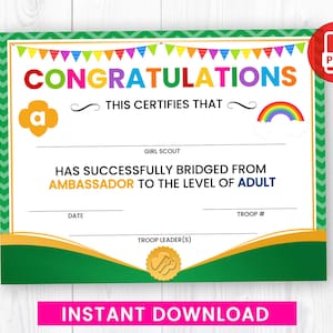 Certificado de transición de Girl Scouts a adulta: Ceremonia de embajadora a adulta (PDF, descarga instantánea)