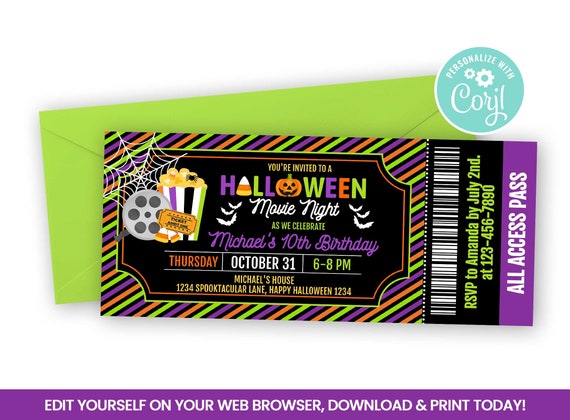 Editable Halloween Movie Night Ticket Invitation, Cinema Self Editing Invite, Purple, Green and Organge TicketINSTANT ACCESS Il_570xn
