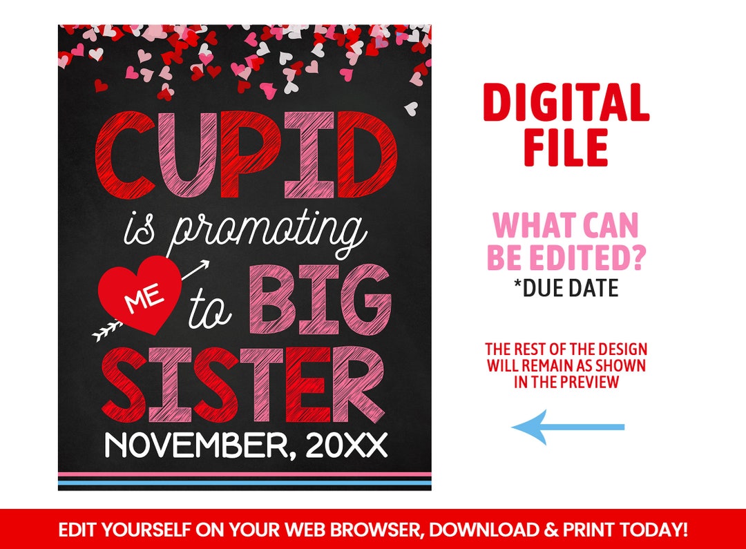 Editable Big Sister Announcement Sign, Valentine Cupid Self Editing ...
