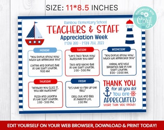 EDITABLE Nautical Teacher Staff Appreciation Flyer, Sea Itinerary Week, Ocean Self Editing Invitation, Ship Boat Weekly Planner