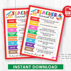 Cartão do kit de sobrevivência do professor, semana de valorização do professor e da equipe, sacola de brindes, ideia engraçada, download instantâneo de PDF
