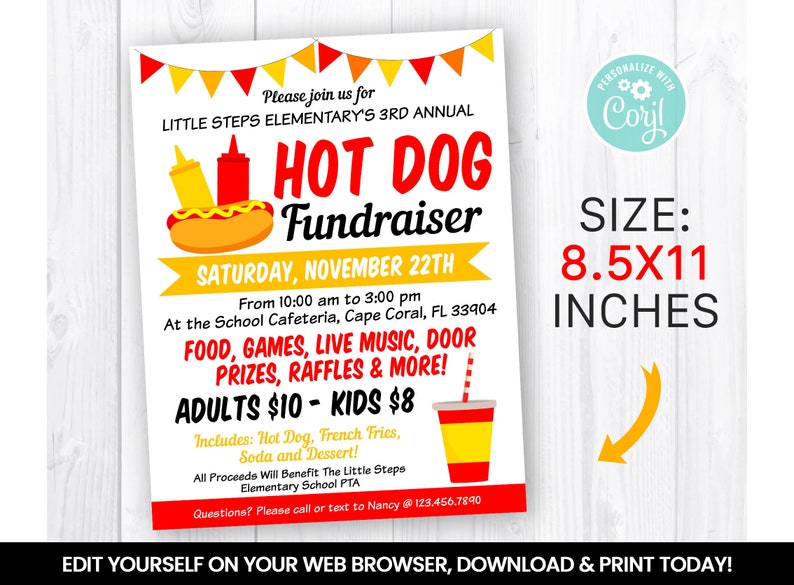 EDITABLE Hot Dog Fundraiser Flyer Template Charity Non Profit Etsy