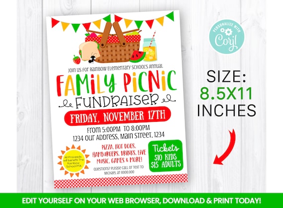 EDITABLE Family Picnic Fundraiser Flyer Template, Charity Non Profit Event Poster, Spring Self Editing 8.5x11 Inches INSTANT ACCESS Il_570xn