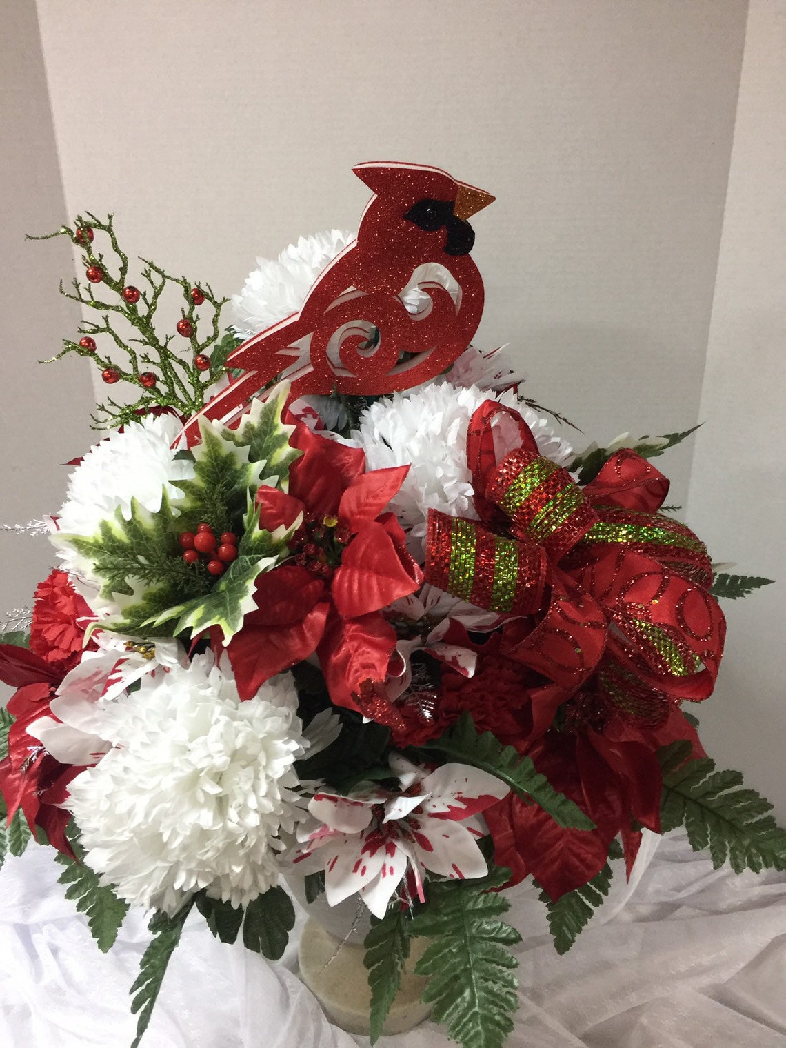 Cardinal Cemetery vase flower arrangement Etsy