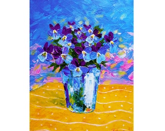 Violet Painting Spring Original Art Pansy Painting Flower Art Small Watercolor 7 by 5 Floral Wall Art by ElgrigoArtShop
