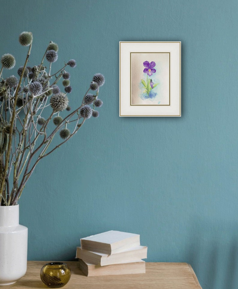 Violet Painting Spring Original Art Pansy Painting Flower Art Small Watercolor 7 by 5 Floral Wall Art by ElgrigoArtShop