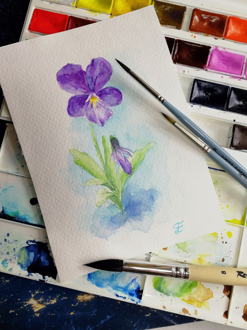 Violet Painting Spring Original Art Pansy Painting Flower Art Small Watercolor 7 by 5 Floral Wall Art by ElgrigoArtShop