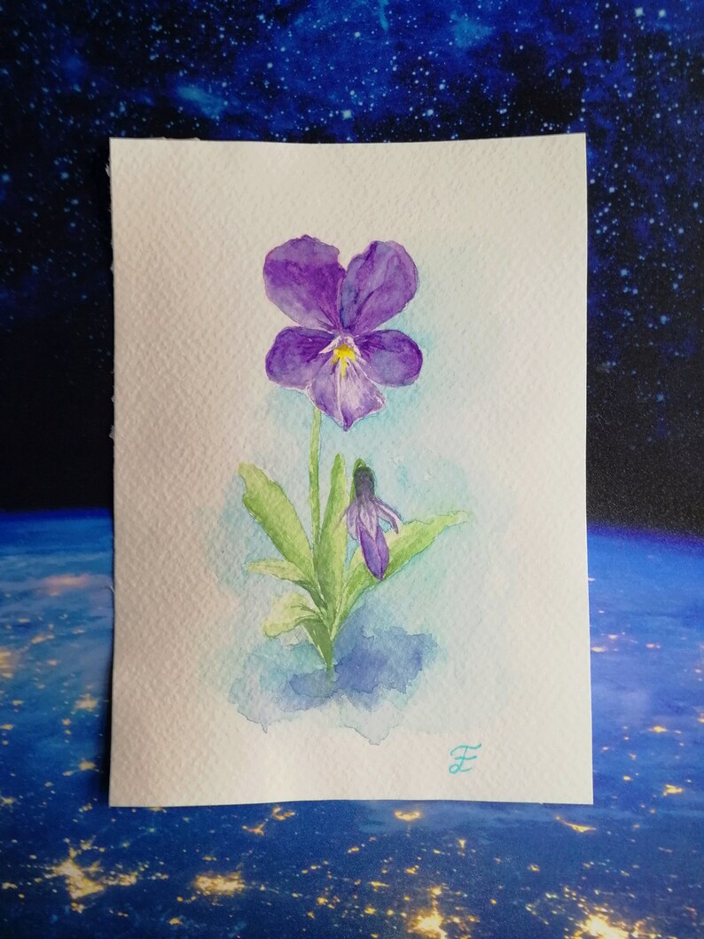 Violet Painting Spring Original Art Pansy Painting Flower Art Small Watercolor 7 by 5 Floral Wall Art by ElgrigoArtShop