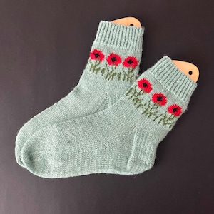 Poppies socks knitting pattern Fair isle sock pattern Digital item SKILL LEVEL -  intermediate.