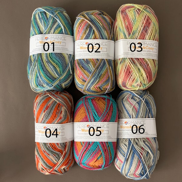 Lot de 6 fils de laine à chaussettes Warm & Cosy, 2,4,6,8 écheveaux, 6 couleurs différentes 75 % Superwash 100 gr 3,52 oz 260 mt 284 yards naturel