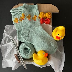 Yellow Ducks Socks knitting kit including yarn, needles, step by step tutorial & video
