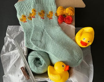 Yellow Ducks Socks knitting kit including yarn, needles, step by step tutorial & video