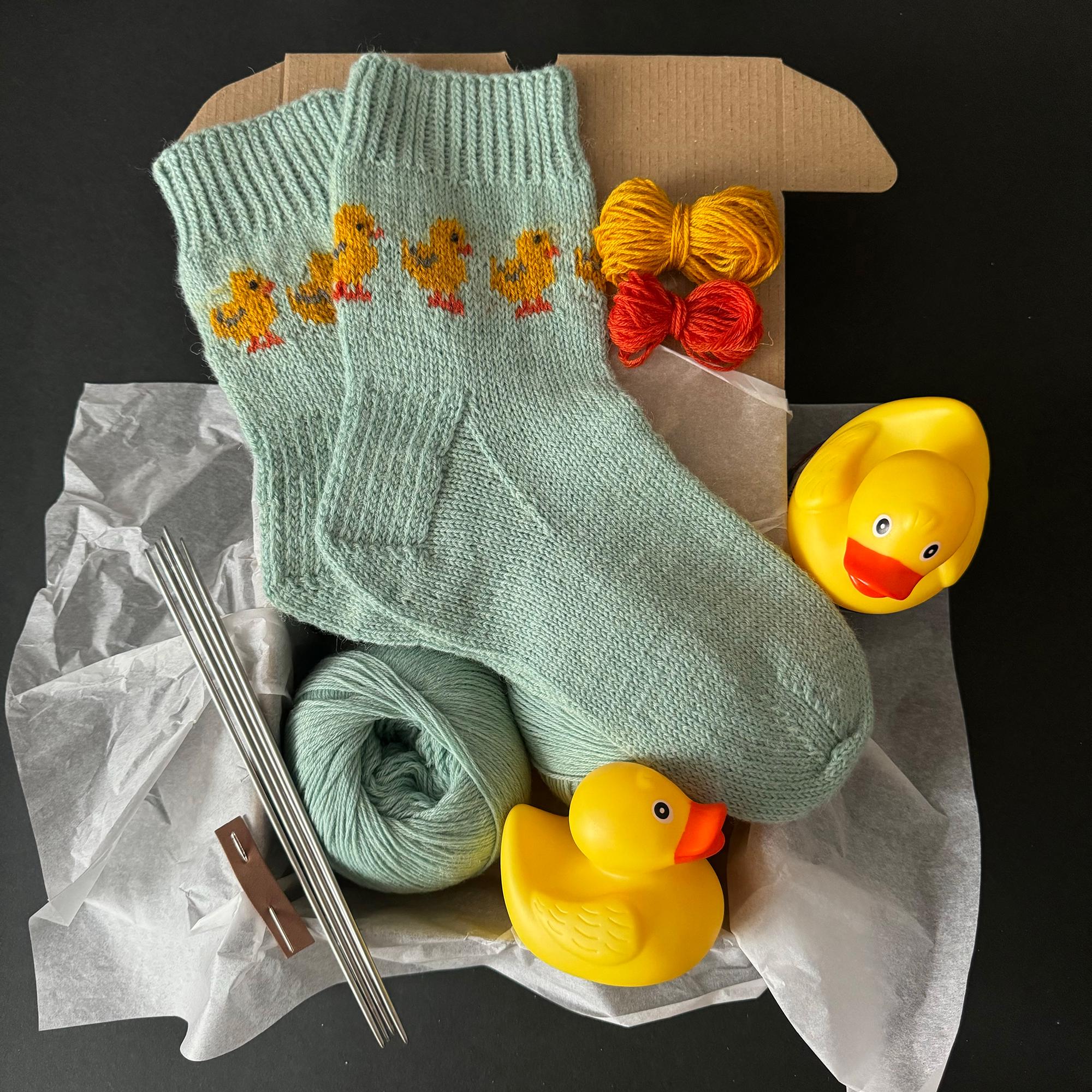 Yellow Ducks Socks knitting kit including yarn, needles, step by step tutorial & video