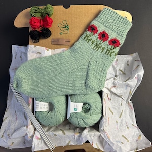 Poppies Socks knitting kit including yarn, needles, step by step tutorial & video Kits for Beginners A great gift for anyone who knits