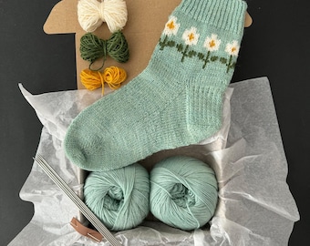 Chamomiles Socks knitting kit including yarn, needles, step by step tutorial & video Kits for Beginners
