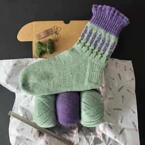 Può includere: Un kit per maglieria con un calzino verde chiaro e viola con un motivo. Il kit include filato verde e viola, ferri da maglia, un fiocco di filo verde e una piccola scatola di cartone con accessori. Il calzino è presentato su carta velina fantasia.