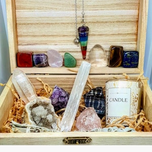 Crystal Gift Set with Sage Pendulum Quartz Amethyst Tourmaline Selenite Candle