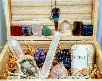 Chakra Crystal Healing Kit with Sage Pendulum Quartz Amethyst Tourmaline Selenite Candle