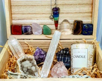 Crystal Healing Kit with Sage Pendulum Quartz Amethyst Tourmaline Selenite Candle