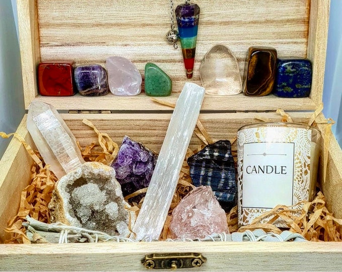 Beginner Crystal Kit with Sage tumble stones Pendulum Quartz Amethyst Tourmaline Selenite Candle